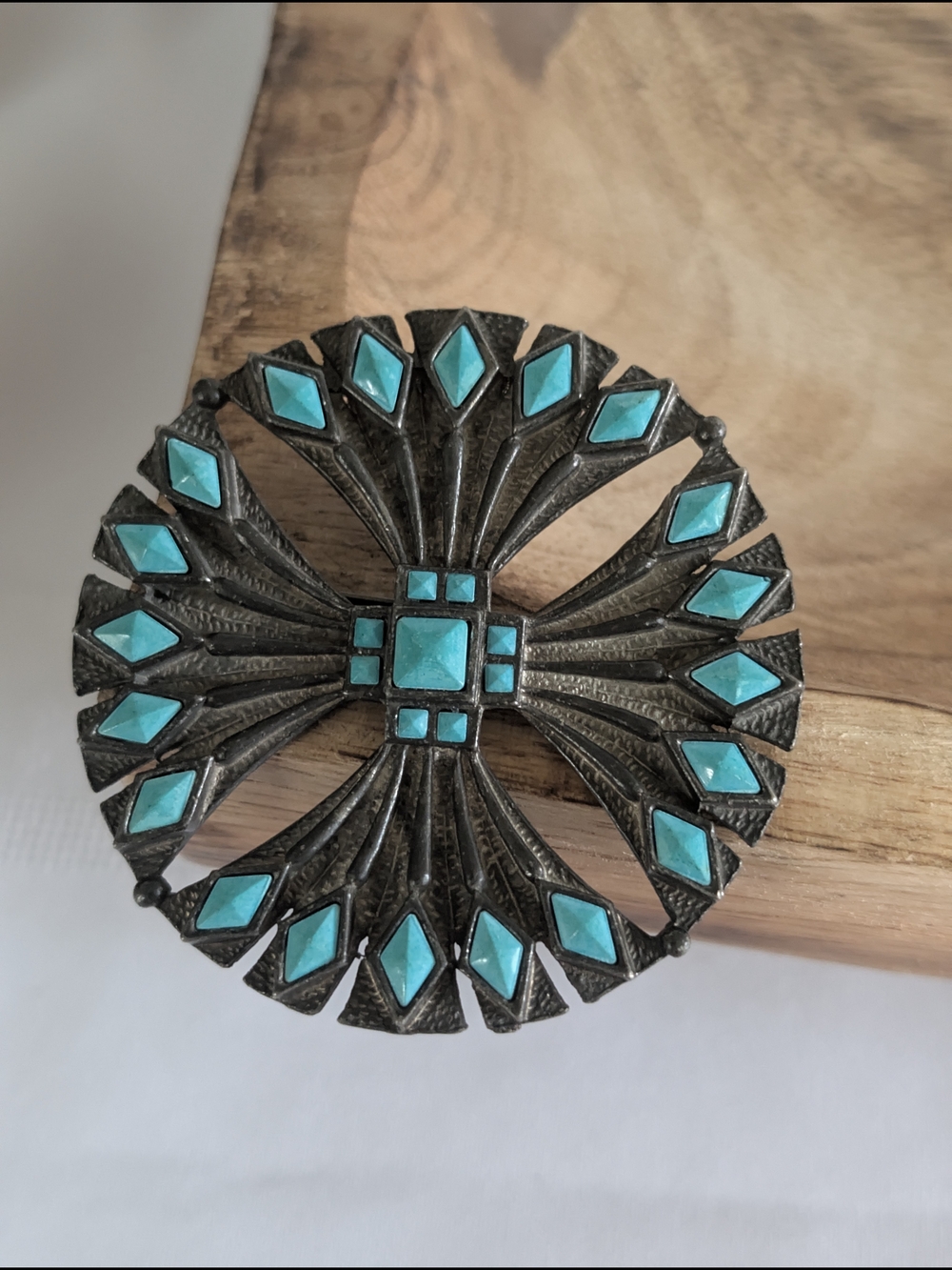 Faux Turquoise St Labre Signed Accent Statement Necklace Pendant Brooch